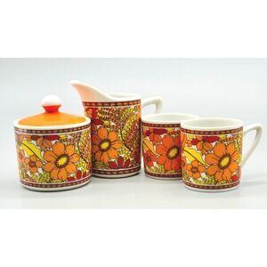 Royal Crown Tropicana Mini Creamer Sugar Bowl Mugs Orange Floral Japan 4 Piece
